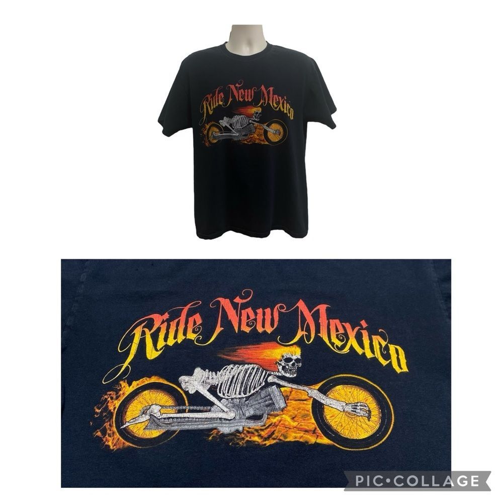 Vintage Ride New Mexico Skeleton Biker Tee Halloween Motorcycle Graphic Shirt L